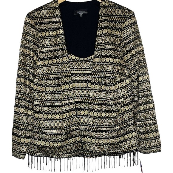 R&M Richards Twin Set Jacket 16W Attached Camisole Top Black Gold Beaded Fringe - Picture 1 of 12